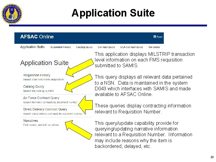 Application Suite This application displays MILSTRIP transaction level information on each FMS requisition submitted