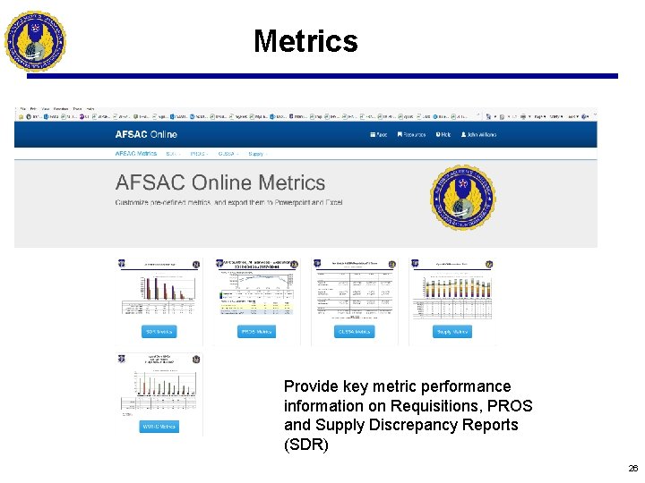 Metrics Provide key metric performance information on Requisitions, PROS and Supply Discrepancy Reports (SDR)