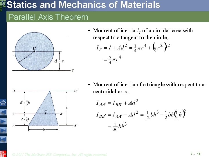 First Edition Statics and Mechanics of Materials Parallel Axis Theorem • Moment of inertia First Edition Statics and Mechanics of Materials Parallel Axis Theorem • Moment of inertia