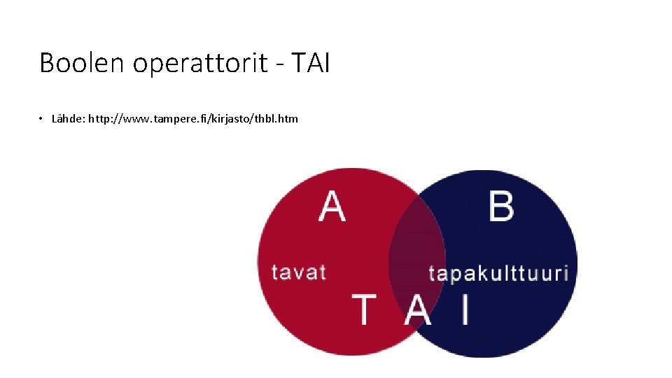 Boolen operattorit - TAI • Lähde: http: //www. tampere. fi/kirjasto/thbl. htm 