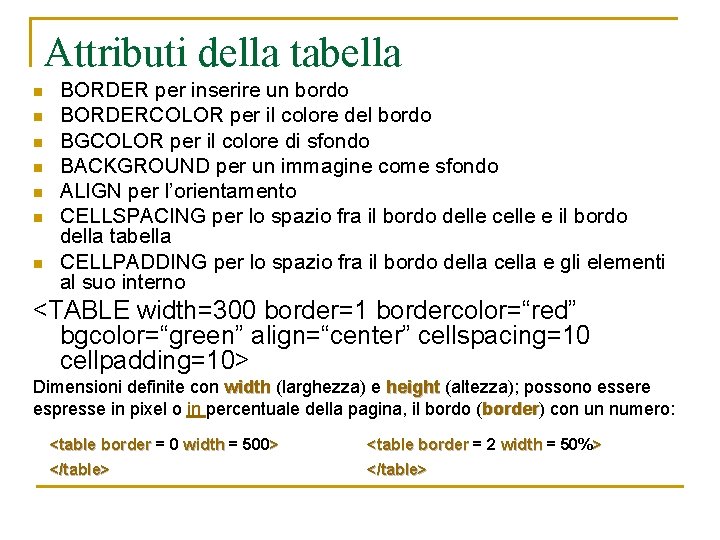 Attributi della tabella n n n n BORDER per inserire un bordo BORDERCOLOR per