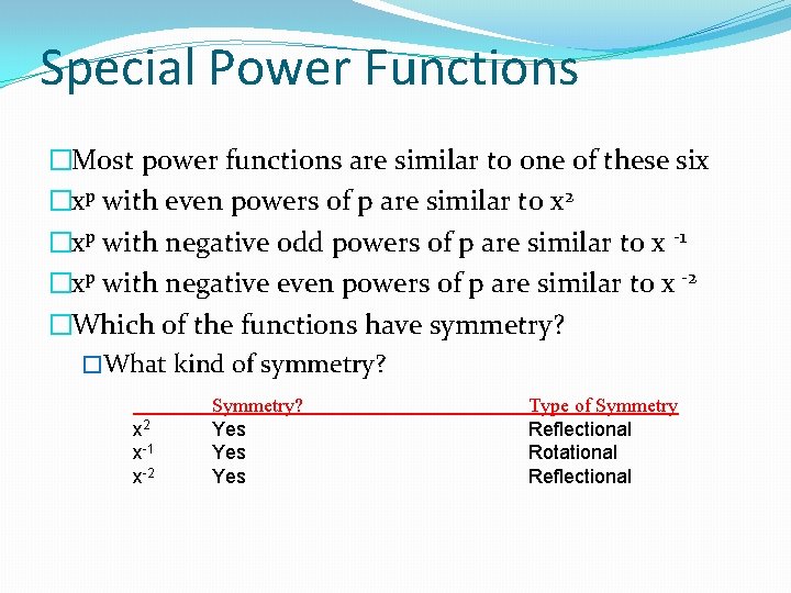 Special Power Functions �Most power functions are similar to one of these six �xp