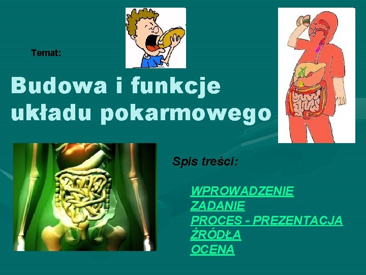 Temat: Budowa i funkcje układu pokarmowego Spis treści: WPROWADZENIE ZADANIE PROCES - PREZENTACJA ŻRÓDŁA