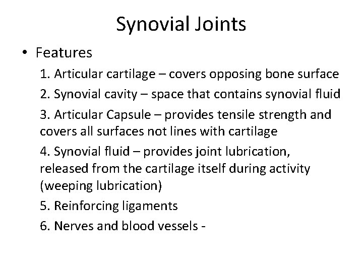 Synovial Joints • Features 1. Articular cartilage – covers opposing bone surface 2. Synovial