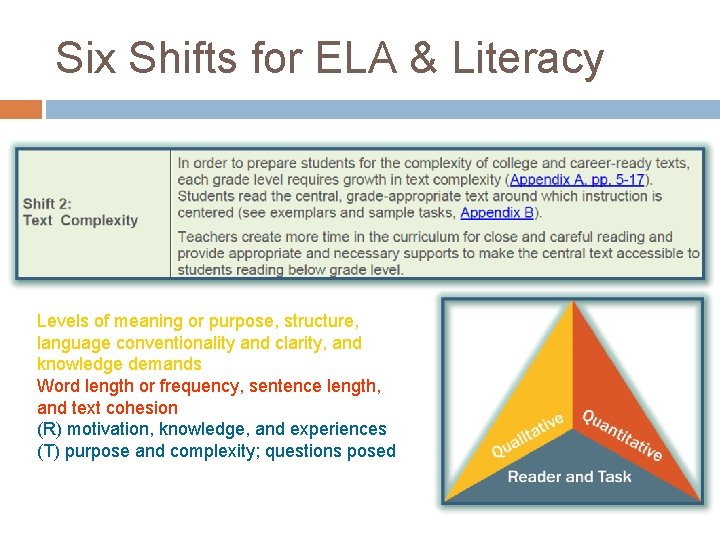 Six Shifts for ELA & Literacy Levels of meaning or purpose, structure, language conventionality