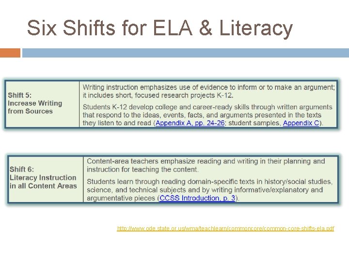 Six Shifts for ELA & Literacy http: //www. ode. state. or. us/wma/teachlearn/commoncore/common-core-shifts-ela. pdf 