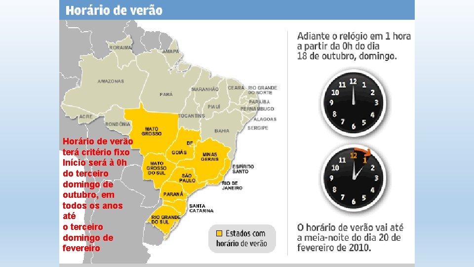 Horário de verão terá critério fixo Início será à 0 h do terceiro domingo