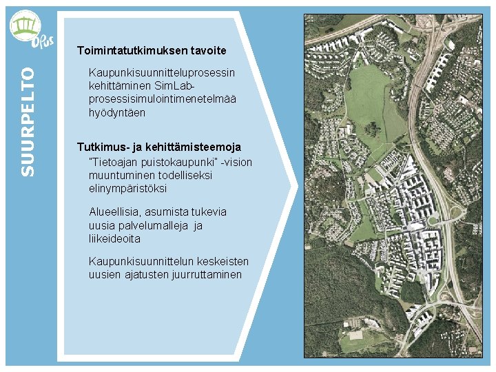 SUURPELTO Toimintatutkimuksen tavoite Kaupunkisuunnitteluprosessin kehittäminen Sim. Labprosessisimulointimenetelmää hyödyntäen Tutkimus- ja kehittämisteemoja ”Tietoajan puistokaupunki” -vision