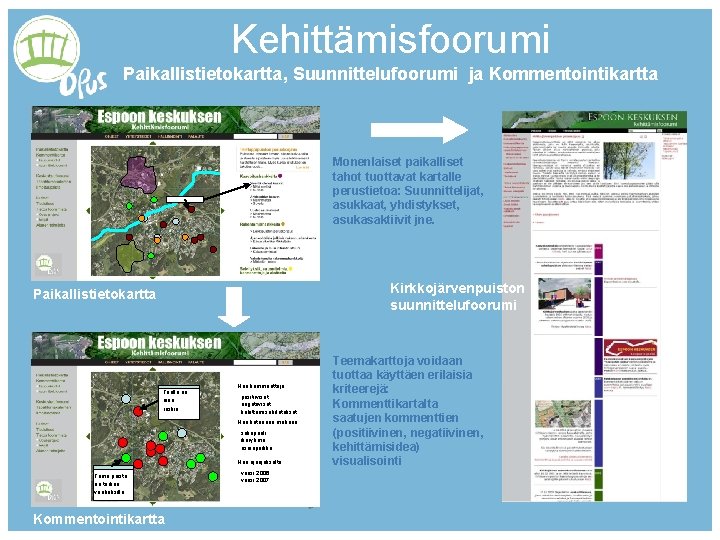 Kehittämisfoorumi Paikallistietokartta, Suunnittelufoorumi ja Kommentointikartta Monenlaiset paikalliset tahot tuottavat kartalle perustietoa: Suunnittelijat, asukkaat, yhdistykset,