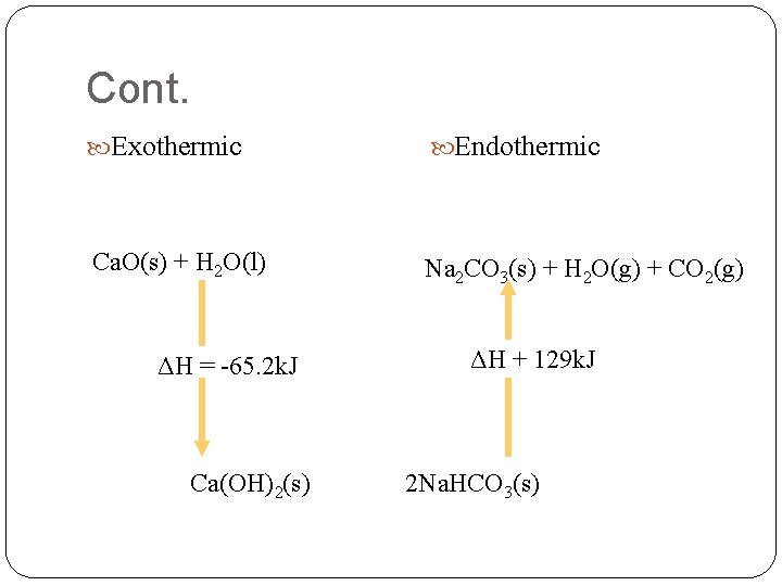 Cont. Exothermic Endothermic Ca. O(s) + H 2 O(l) Na 2 CO 3(s) +