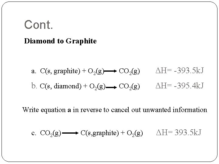 Cont. Diamond to Graphite a. C(s, graphite) + O 2(g) CO 2(g) ΔH= -393.