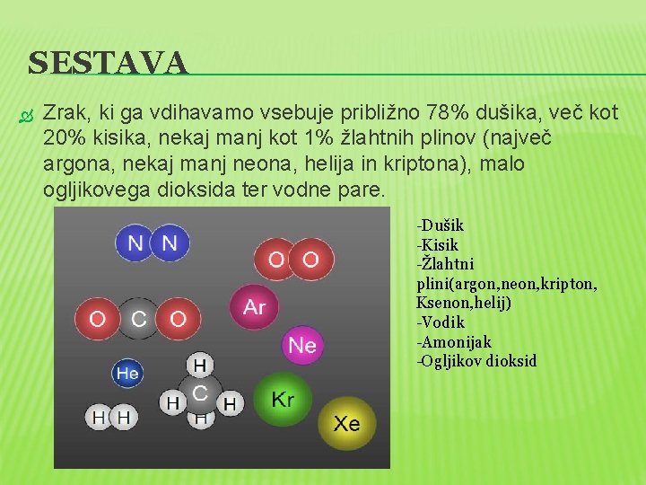 SESTAVA Zrak, ki ga vdihavamo vsebuje približno 78% dušika, več kot 20% kisika, nekaj