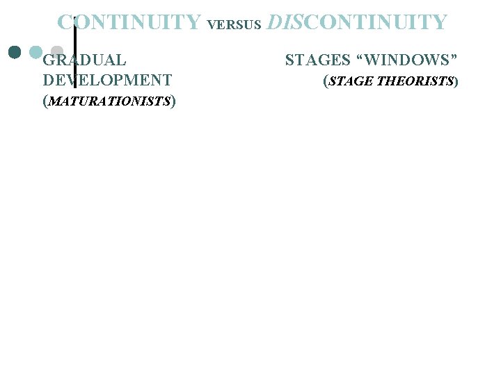 CONTINUITY VERSUS DISCONTINUITY GRADUAL DEVELOPMENT (MATURATIONISTS) STAGES “WINDOWS” (STAGE THEORISTS) 