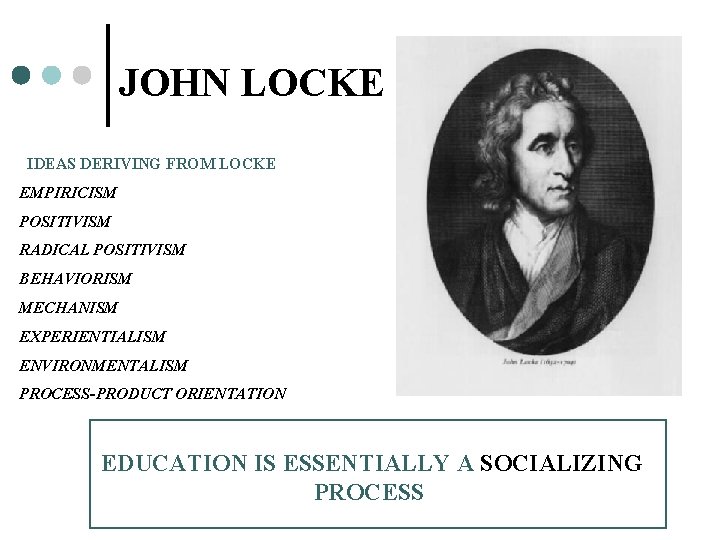 JOHN LOCKE IDEAS DERIVING FROM LOCKE EMPIRICISM POSITIVISM RADICAL POSITIVISM BEHAVIORISM MECHANISM EXPERIENTIALISM ENVIRONMENTALISM