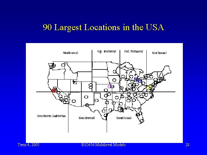 90 Largest Locations in the USA Term 4, 2005 BIO 656 Multilevel Models 28