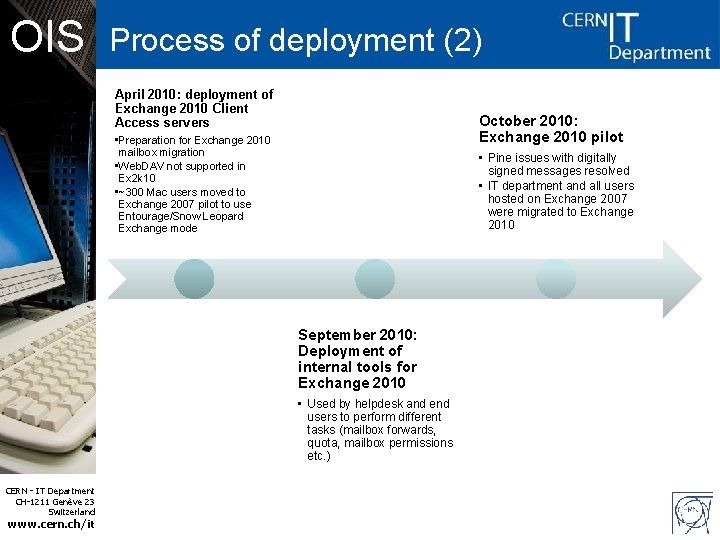 OIS Process of deployment (2) April 2010: deployment of Exchange 2010 Client Access servers