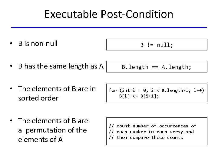 Executable Post-Condition • B is non-null • B has the same length as A