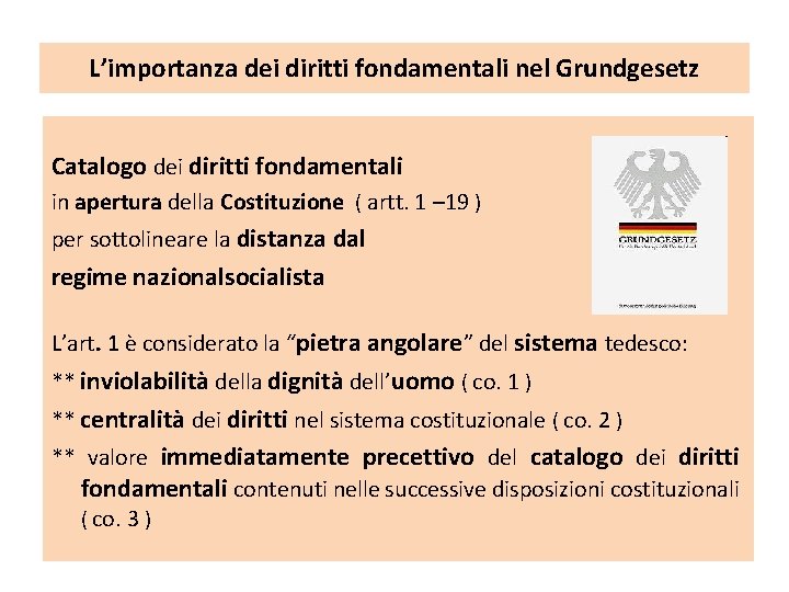 L’importanza dei diritti fondamentali nel Grundgesetz Catalogo dei diritti fondamentali in apertura della Costituzione