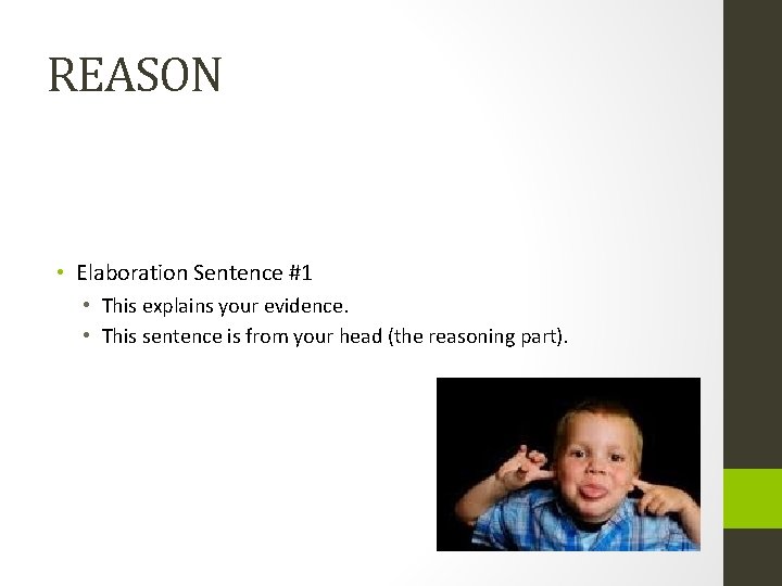 REASON • Elaboration Sentence #1 • This explains your evidence. • This sentence is