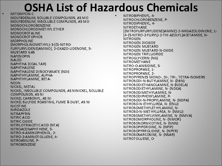  • OSHA List of Hazardous Chemicals MITOMYCIN C MOLYBDENUM, SOLUBLE COMPOUNDS, AS MO