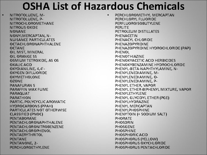  • OSHA List of Hazardous Chemicals NITROTOLUENE, MNITROTOLUENE, PNITROCHLOROMETHANE NITROUS OXIDE NONANE NONYLMERCAPTAN,