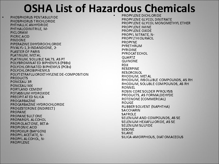  • OSHA List of Hazardous Chemicals PHOSPHORUS PENTASULFIDE PHOSPHORUS TRICHLORIDE PHTHALLIC ANHYDRIDE PHTHALODINITRILE,