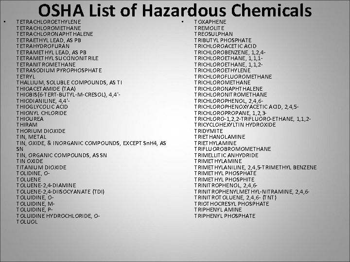  • OSHA List of Hazardous Chemicals TETRACHLOROETHYLENE TETRACHLOROMETHANE TETRACHLORONAPHTHALENE TETRAETHYL LEAD, AS PB