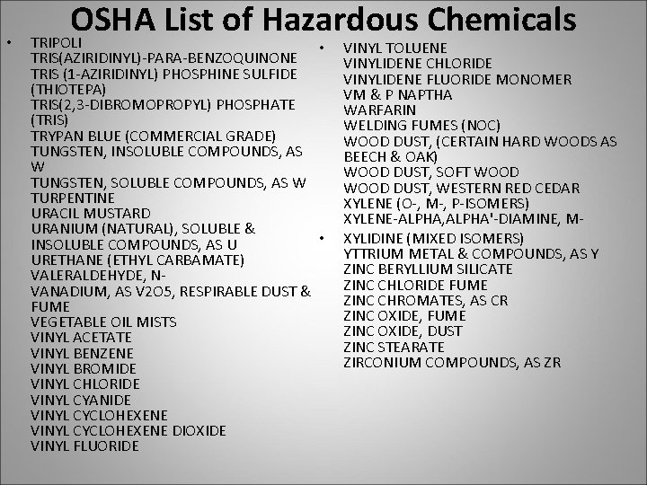  • OSHA List of Hazardous Chemicals TRIPOLI • TRIS(AZIRIDINYL)-PARA-BENZOQUINONE TRIS (1 -AZIRIDINYL) PHOSPHINE