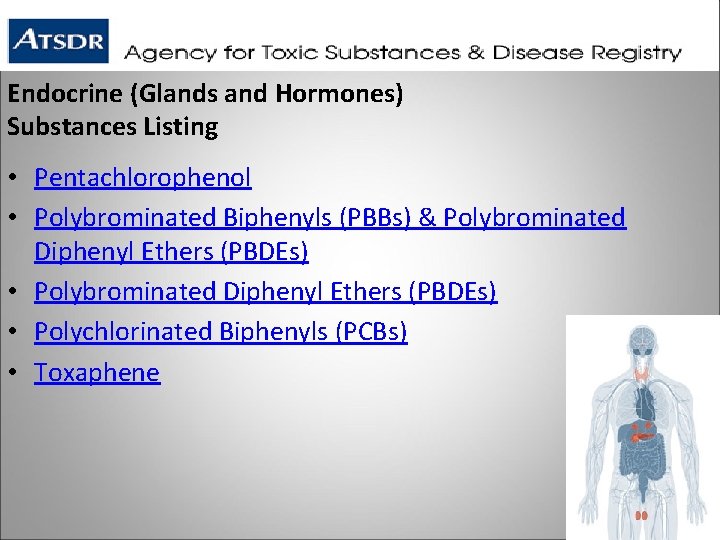 Endocrine (Glands and Hormones) Substances Listing • Pentachlorophenol • Polybrominated Biphenyls (PBBs) & Polybrominated