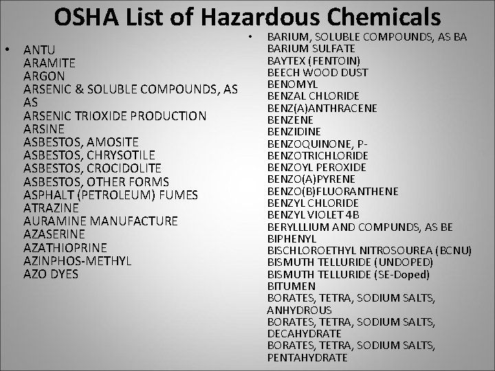 OSHA List of Hazardous Chemicals • ANTU ARAMITE ARGON ARSENIC & SOLUBLE COMPOUNDS, AS