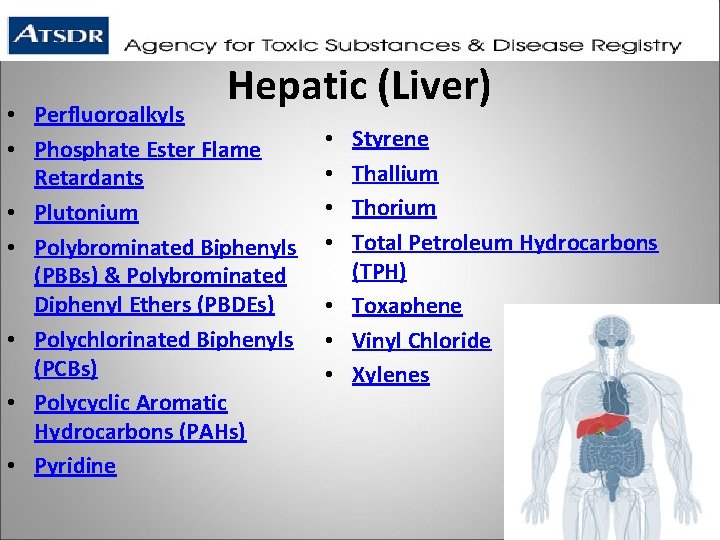 Hepatic (Liver) • Perfluoroalkyls • Phosphate Ester Flame Retardants • Plutonium • Polybrominated Biphenyls