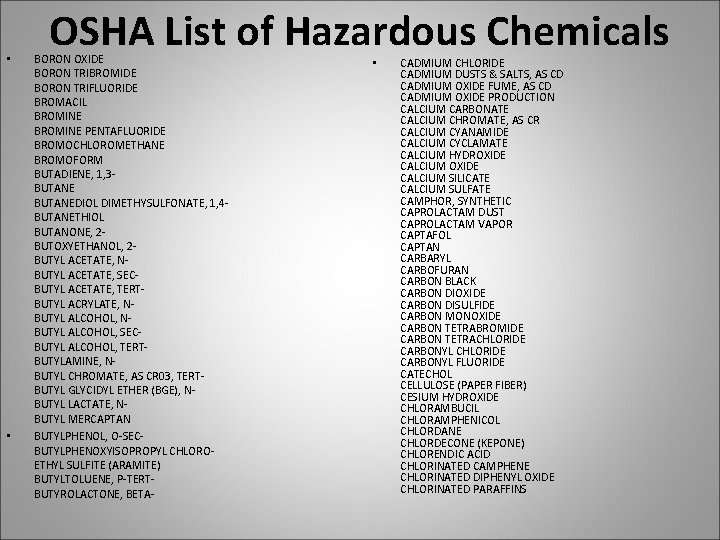  • • OSHA List of Hazardous Chemicals BORON OXIDE BORON TRIBROMIDE BORON TRIFLUORIDE