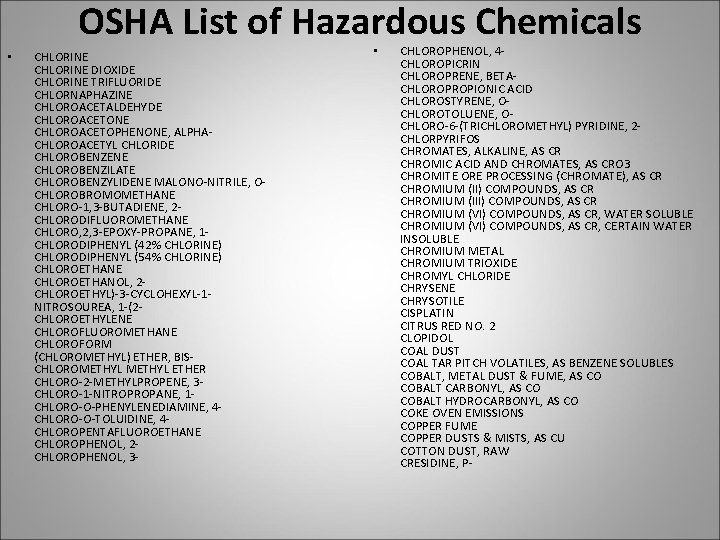OSHA List of Hazardous Chemicals • CHLORINE DIOXIDE CHLORINE TRIFLUORIDE CHLORNAPHAZINE CHLOROACETALDEHYDE CHLOROACETONE CHLOROACETOPHENONE,