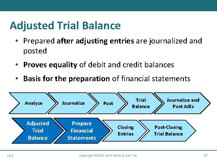 Adjusted Trial Balance • Prepared after adjusting entries are journalized and posted • Proves