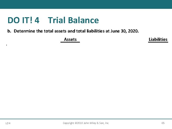 DO IT! 4 Trial Balance b. Determine the total assets and total liabilities at