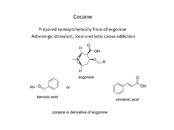 Cocaine Prepared semisynthetically from of ecgonine Adrenergic stimulant, local ansthetic cause addiction 