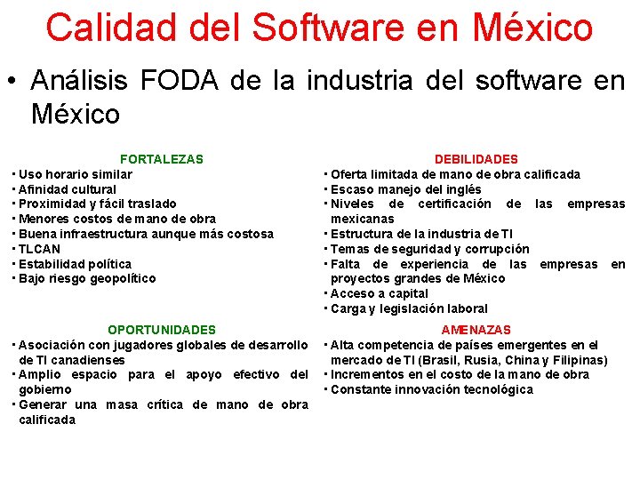 Calidad del Software en México • Análisis FODA de la industria del software en Calidad del Software en México • Análisis FODA de la industria del software en