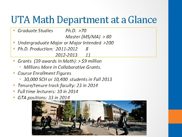 UTA Math Department at a Glance • Graduate Studies Ph. D. >70 Master (MS/MA) UTA Math Department at a Glance • Graduate Studies Ph. D. >70 Master (MS/MA)