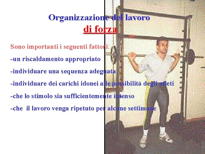 Organizzazione del lavoro di forza Sono importanti i seguenti fattori: -un riscaldamento appropriato -individuare