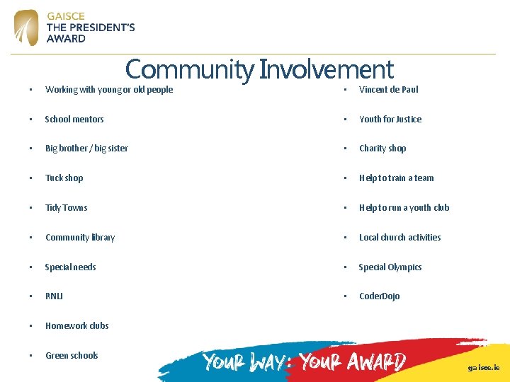 Community Involvement • Working with young or old people • Vincent de Paul • Community Involvement • Working with young or old people • Vincent de Paul •
