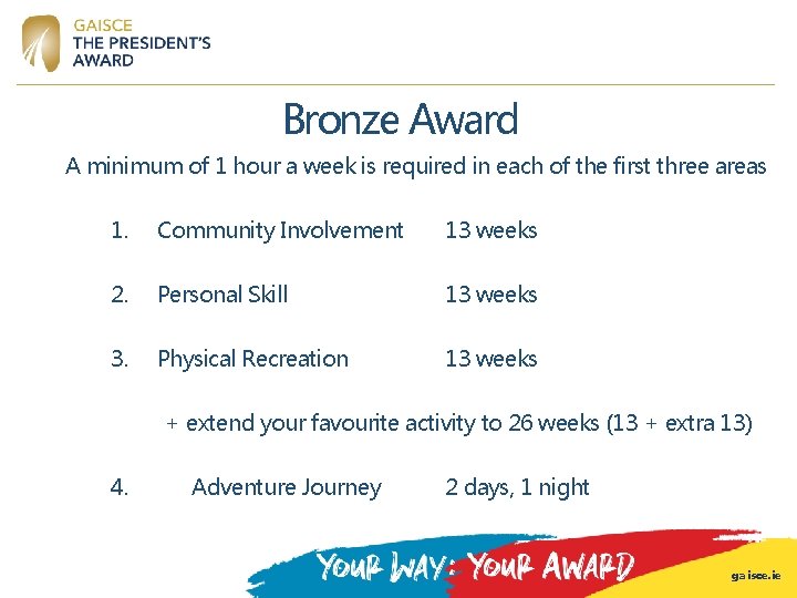 Bronze Award A minimum of 1 hour a week is required in each of Bronze Award A minimum of 1 hour a week is required in each of