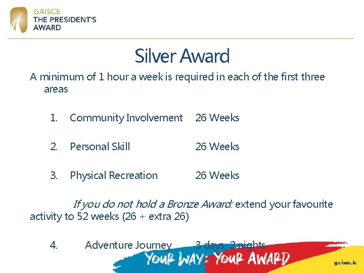 Silver Award A minimum of 1 hour a week is required in each of Silver Award A minimum of 1 hour a week is required in each of
