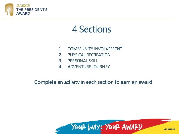 4 Sections 1. 2. 3. 4. COMMUNITY INVOLVEMENT PHYSICAL RECREATION PERSONAL SKILL ADVENTURE JOURNEY 4 Sections 1. 2. 3. 4. COMMUNITY INVOLVEMENT PHYSICAL RECREATION PERSONAL SKILL ADVENTURE JOURNEY