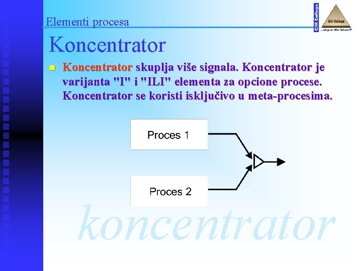 Elementi procesa Koncentrator n Koncentrator skuplja više signala. Koncentrator je varijanta "I" i "ILI"