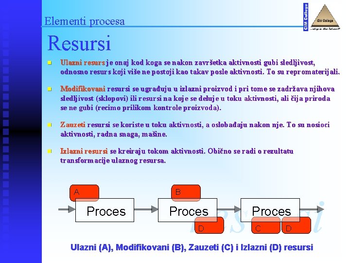 Elementi procesa Resursi n Ulazni resurs je onaj kod koga se nakon završetka aktivnosti