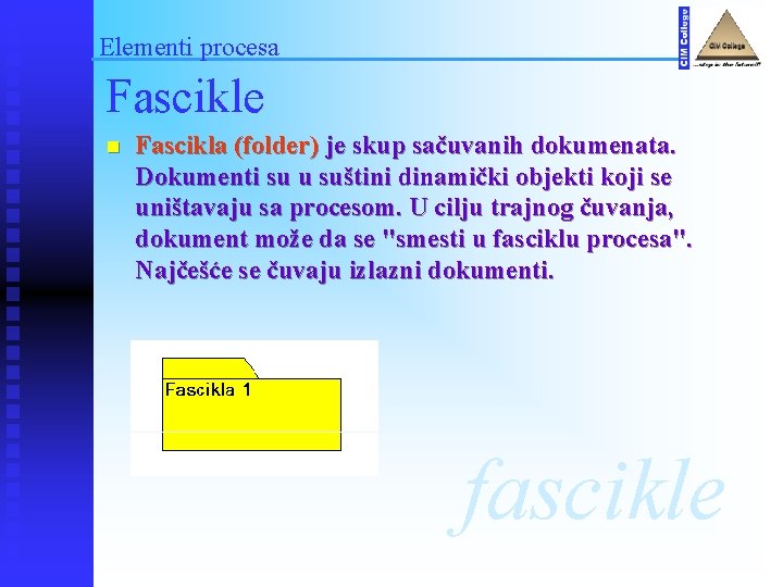 Elementi procesa Fascikle n Fascikla (folder) je skup sačuvanih dokumenata. Dokumenti su u suštini