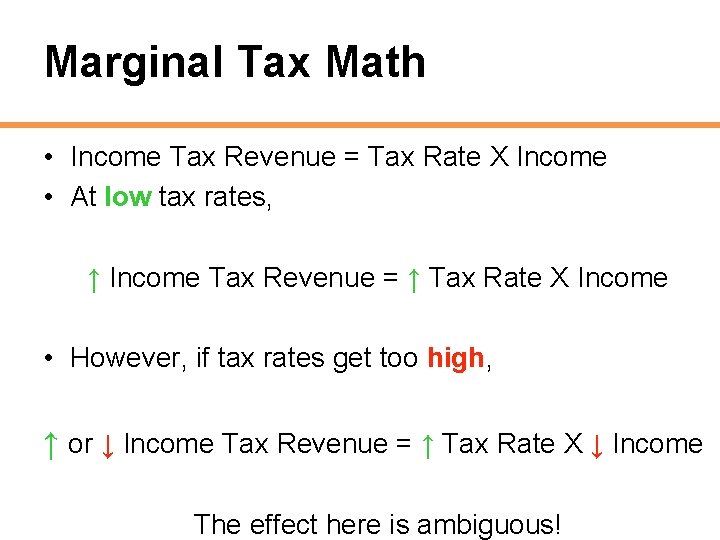 Marginal Tax Math • Income Tax Revenue = Tax Rate X Income • At