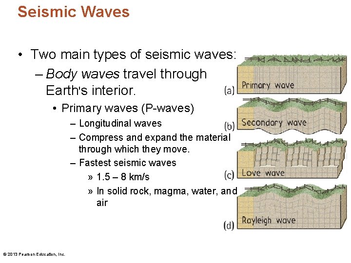 Seismic Waves • Two main types of seismic waves: – Body waves travel through
