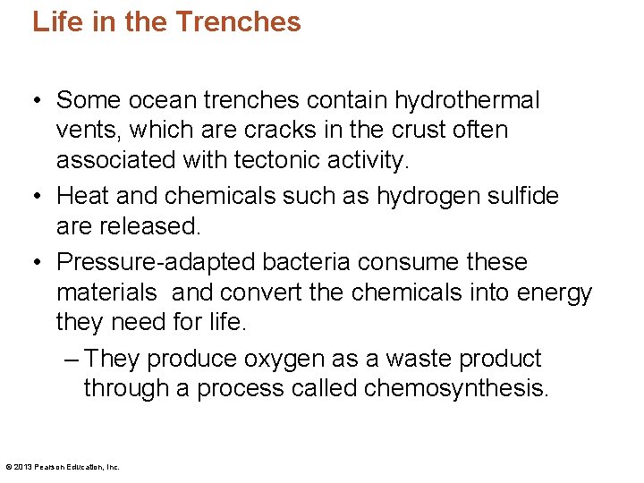 Life in the Trenches • Some ocean trenches contain hydrothermal vents, which are cracks