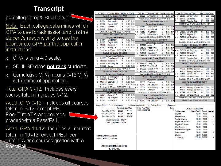 Transcript p= college prep/CSU-UC a-g Note: Each college determines which GPA to use for